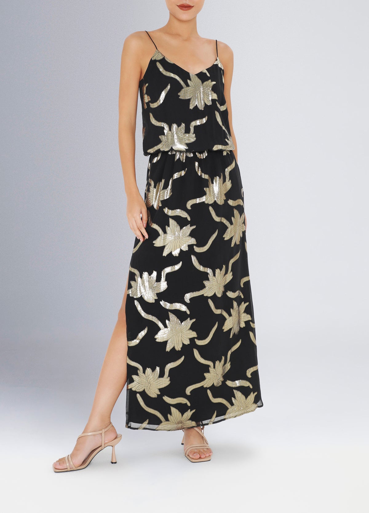 Camilla Dress Gold Flowers - Black