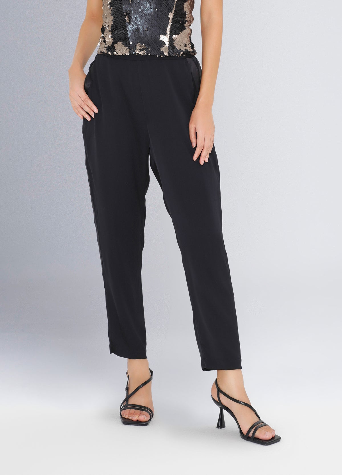 Cropped Tuxedo Silk Pants - Black