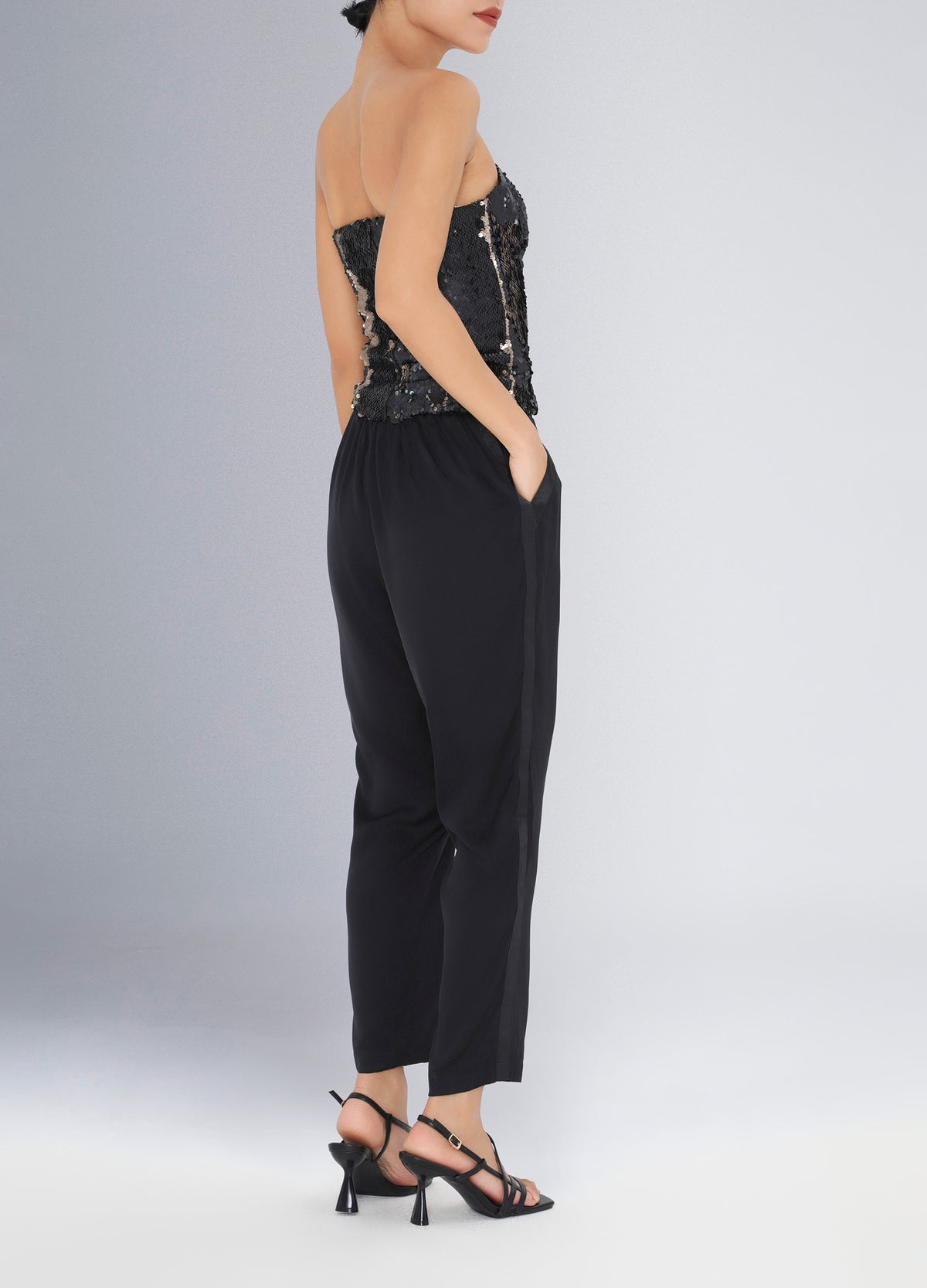 Cropped Tuxedo Silk Pants - Black