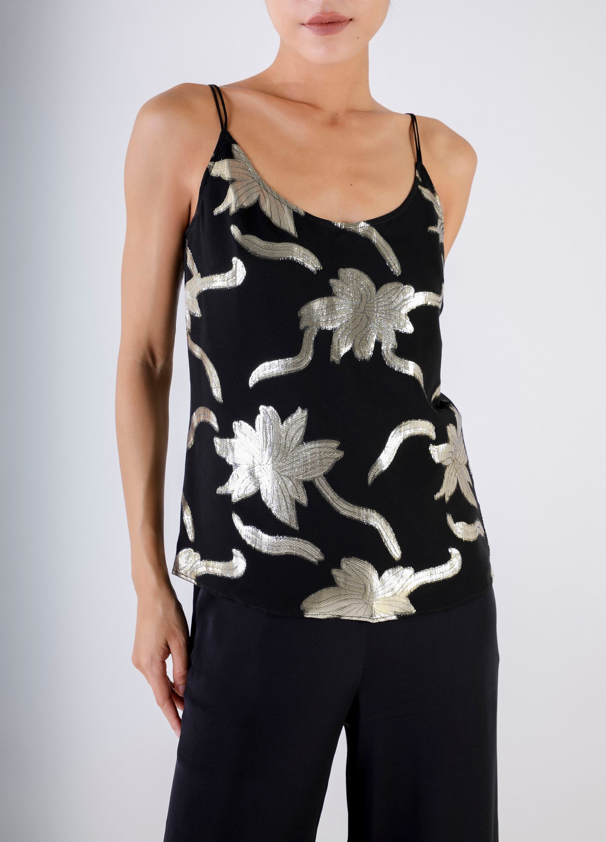 Round Neck Tank Top - Gold Flowers On Black